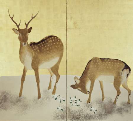 雪中松に鹿図屏風（右隻）