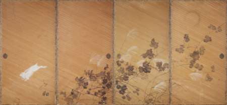 秋草に兎図襖
