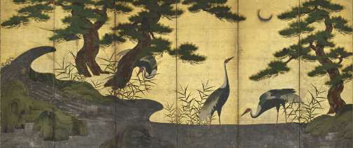 日月松鶴図屏風（左隻）